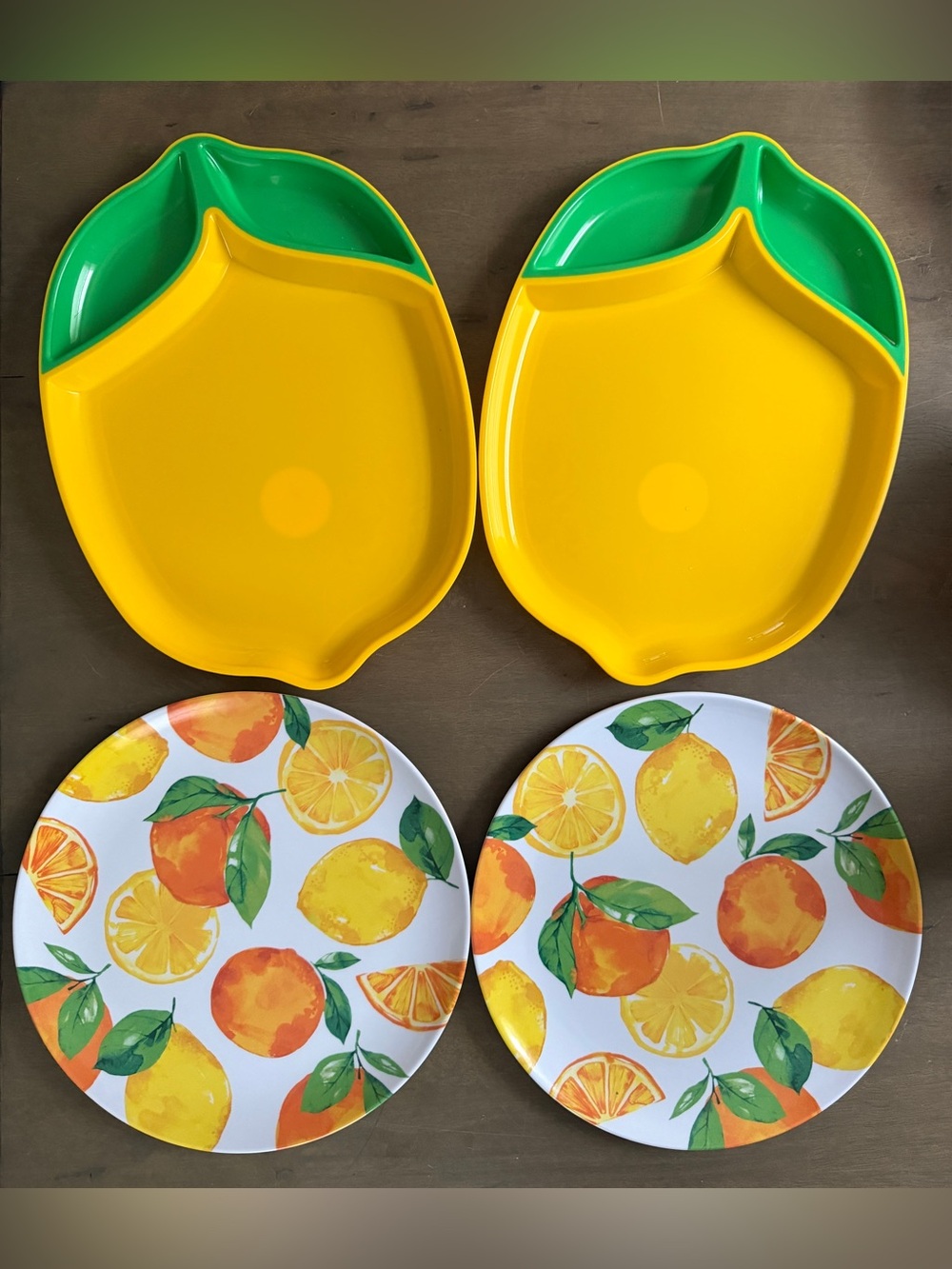 4pc Lemon Orange Citrus Themed Melamine Dinner Plates Divided Serving Tray Set